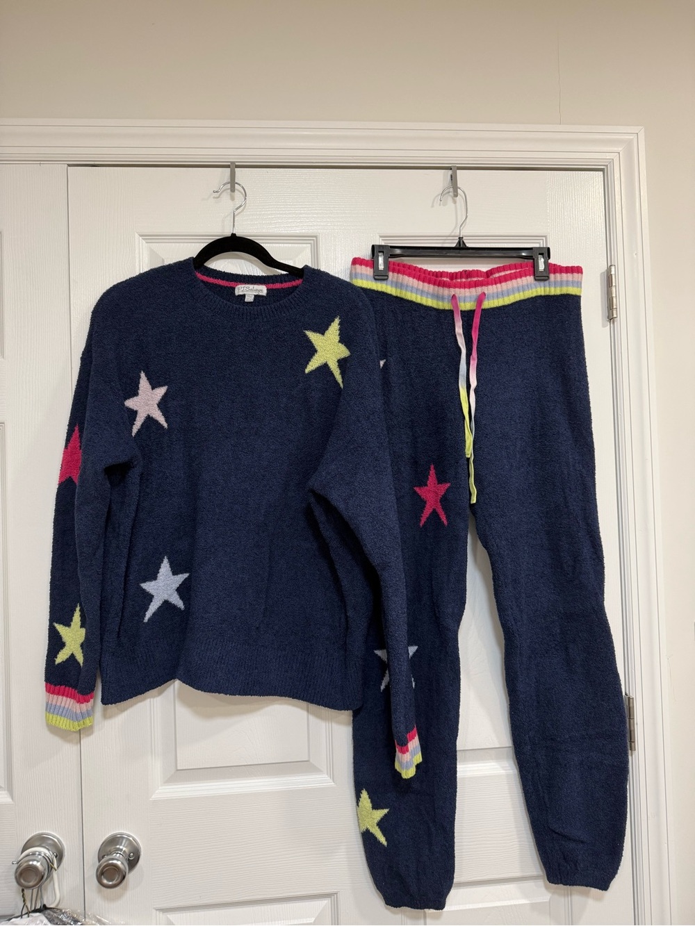 P.J. Salvage Navy Star Knit Pajama Set with Pink, Yellow, Light Blue Accents
